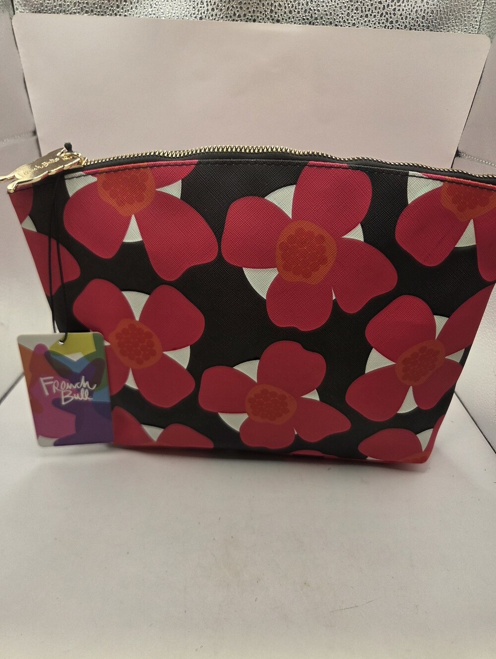 French Bull Red Floral Zip Cosmetic Pouch